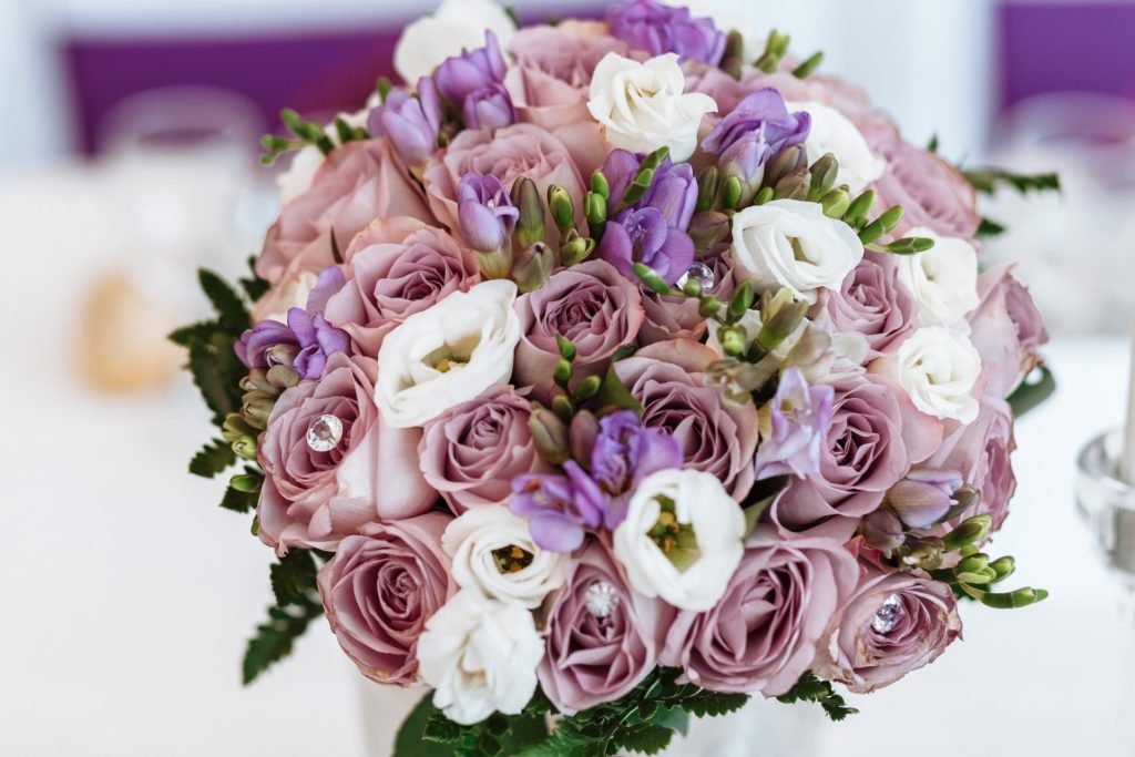 rustic charm wedding bouquet with mauve, lavendar and blush florals