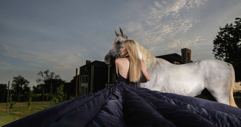 woman in long navy blue dress with horse in front of abandoned mansion for abandoned mansion photoshoot