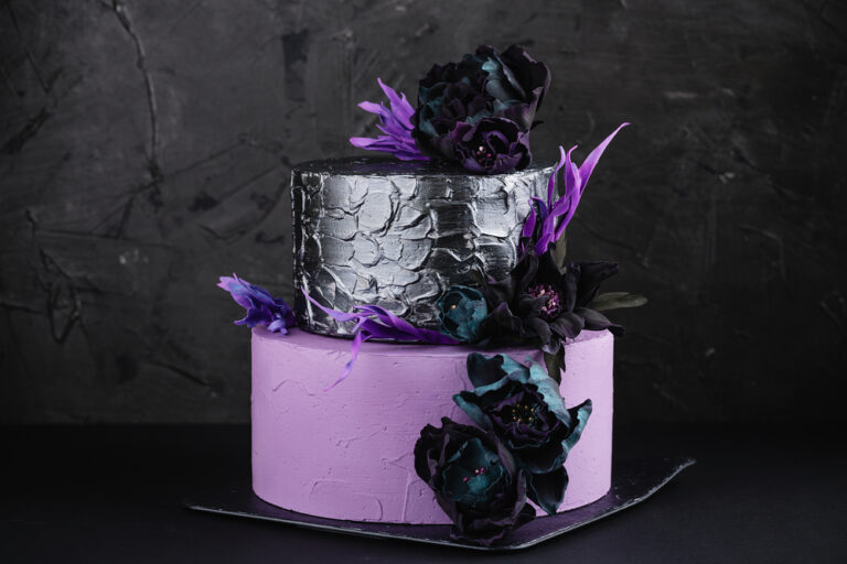 Unconventional Wedding Cake Trend of Colorful Cakes with a Purple and Silver Cake, Rather than The Traditional White