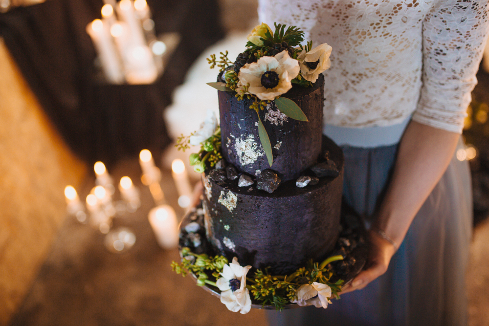 Unconventional wedding cake that is black rather than the traditional white